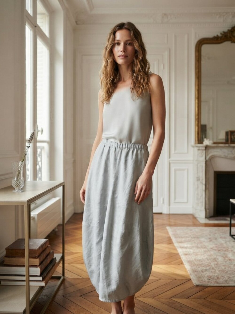Match Point Light Teal Gray 100% Linen Asymmetrical Maxi Skirt Size Large